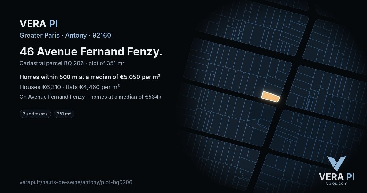 46 Avenue Fernand Fenzy, Antony at night – the plot lit, the parcels around coloured by the prices near them