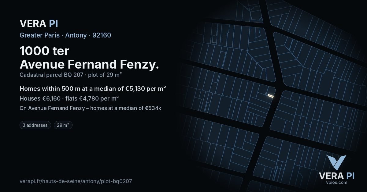 1000 ter Avenue Fernand Fenzy, Antony at night – the plot lit, the parcels around coloured by the prices near them