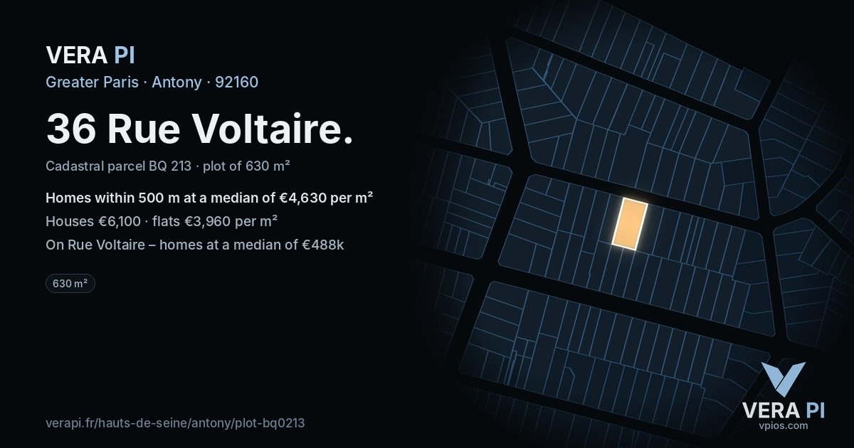 36 Rue Voltaire, Antony at night – the plot lit, the parcels around coloured by the prices near them