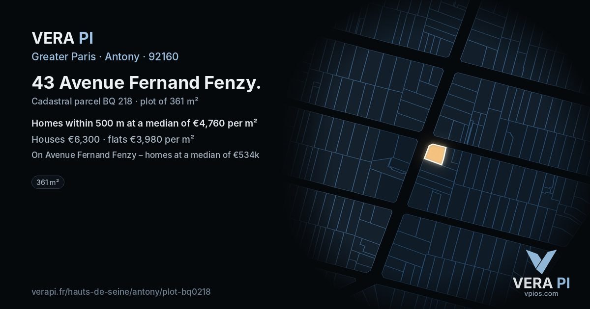 43 Avenue Fernand Fenzy, Antony at night – the plot lit, the parcels around coloured by the prices near them