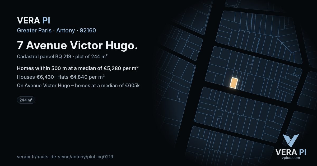 7 Avenue Victor Hugo, Antony at night – the plot lit, the parcels around coloured by the prices near them