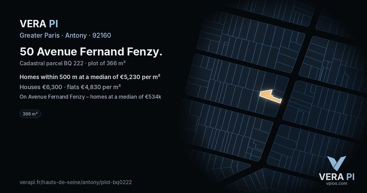 50 Avenue Fernand Fenzy, Antony at night – the plot lit, the parcels around coloured by the prices near them