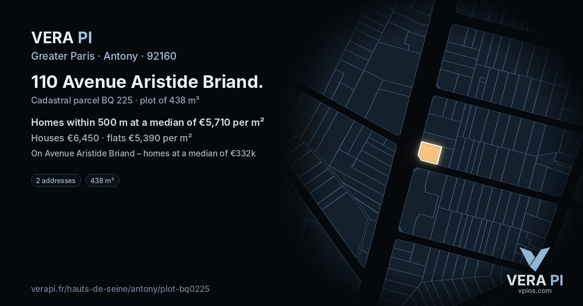 110 Avenue Aristide Briand, Antony at night – the plot lit, the parcels around coloured by the prices near them