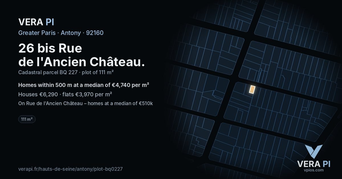 26 bis Rue de l'Ancien Château, Antony at night – the plot lit, the parcels around coloured by the prices near them