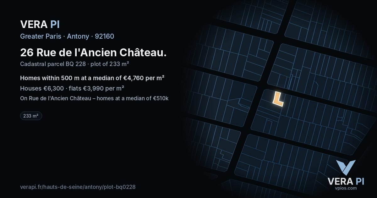 26 Rue de l'Ancien Château, Antony at night – the plot lit, the parcels around coloured by the prices near them