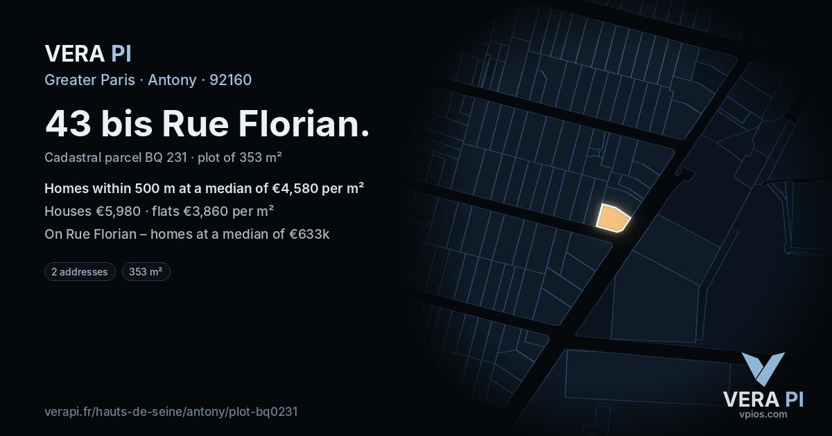 43 bis Rue Florian, Antony at night – the plot lit, the parcels around coloured by the prices near them