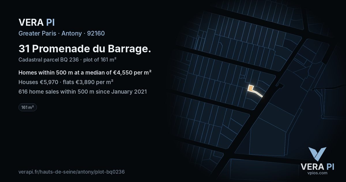 31 Promenade du Barrage, Antony at night – the plot lit, the parcels around coloured by the prices near them