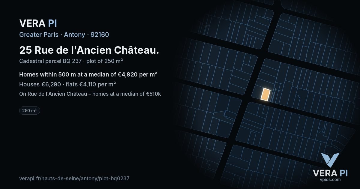 25 Rue de l'Ancien Château, Antony at night – the plot lit, the parcels around coloured by the prices near them
