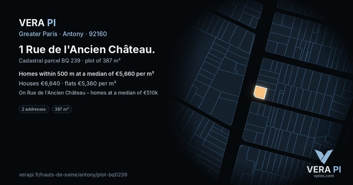 1 Rue de l'Ancien Château, Antony at night – the plot lit, the parcels around coloured by the prices near them
