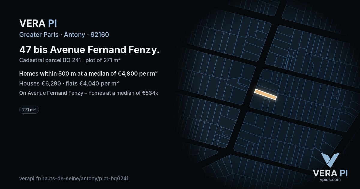 47 bis Avenue Fernand Fenzy, Antony at night – the plot lit, the parcels around coloured by the prices near them