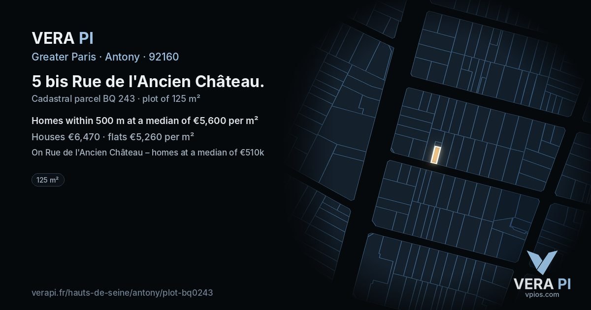 5 bis Rue de l'Ancien Château, Antony at night – the plot lit, the parcels around coloured by the prices near them