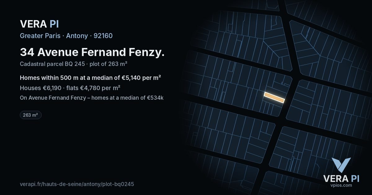 34 Avenue Fernand Fenzy, Antony at night – the plot lit, the parcels around coloured by the prices near them