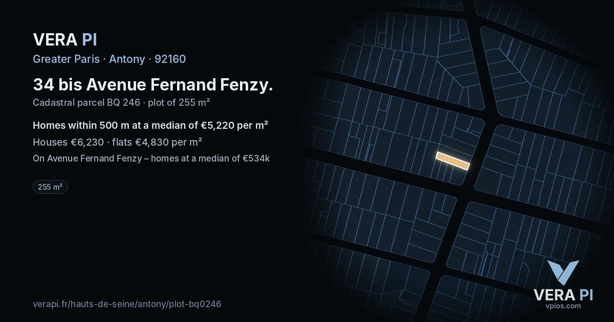 34 bis Avenue Fernand Fenzy, Antony at night – the plot lit, the parcels around coloured by the prices near them