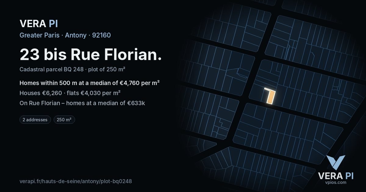 23 bis Rue Florian, Antony at night – the plot lit, the parcels around coloured by the prices near them