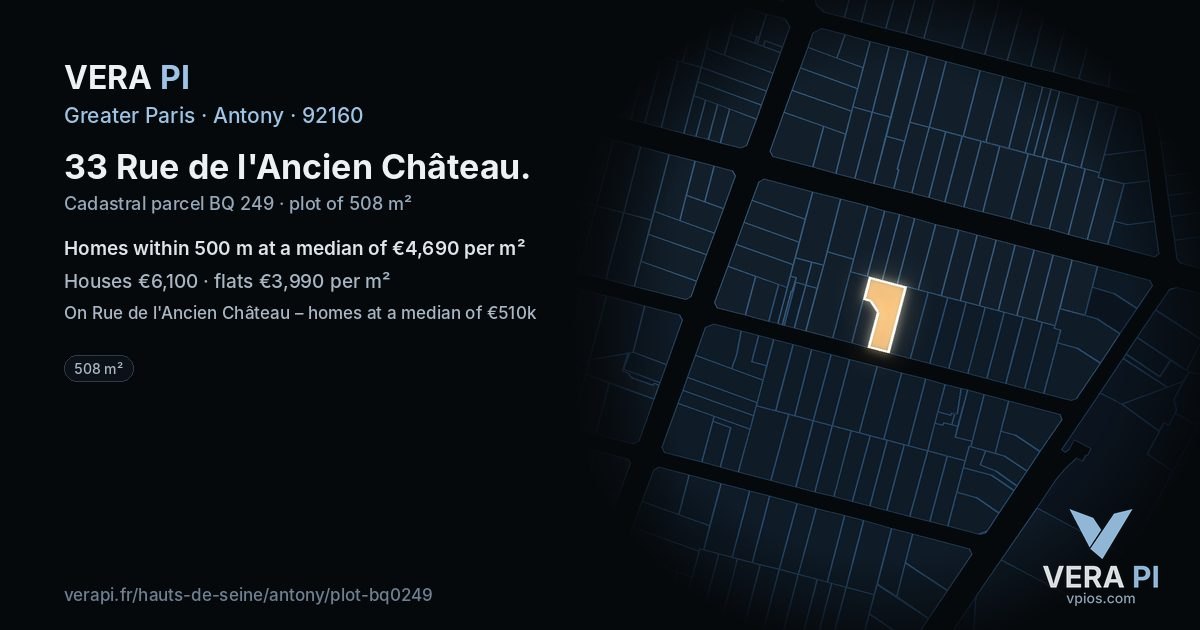 33 Rue de l'Ancien Château, Antony at night – the plot lit, the parcels around coloured by the prices near them