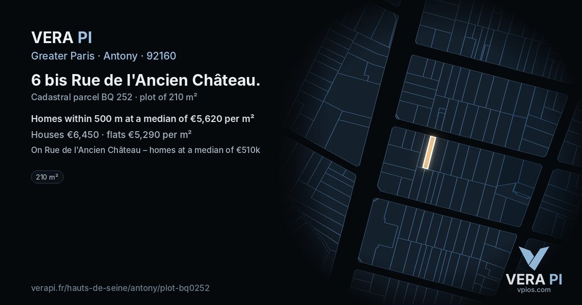 6 bis Rue de l'Ancien Château, Antony at night – the plot lit, the parcels around coloured by the prices near them
