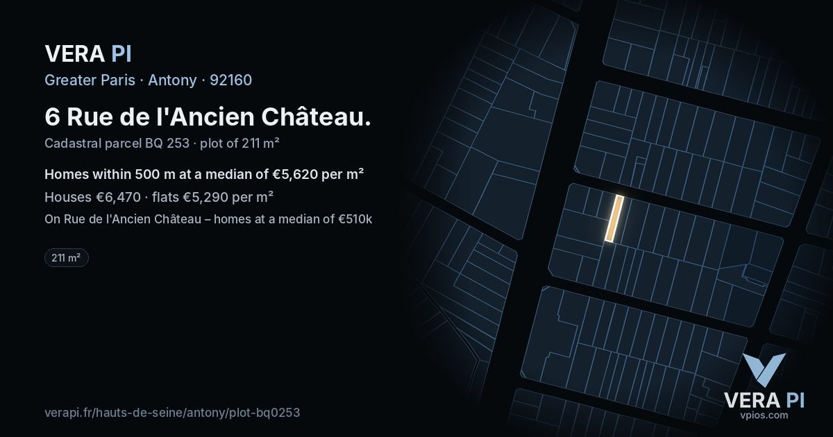 6 Rue de l'Ancien Château, Antony at night – the plot lit, the parcels around coloured by the prices near them
