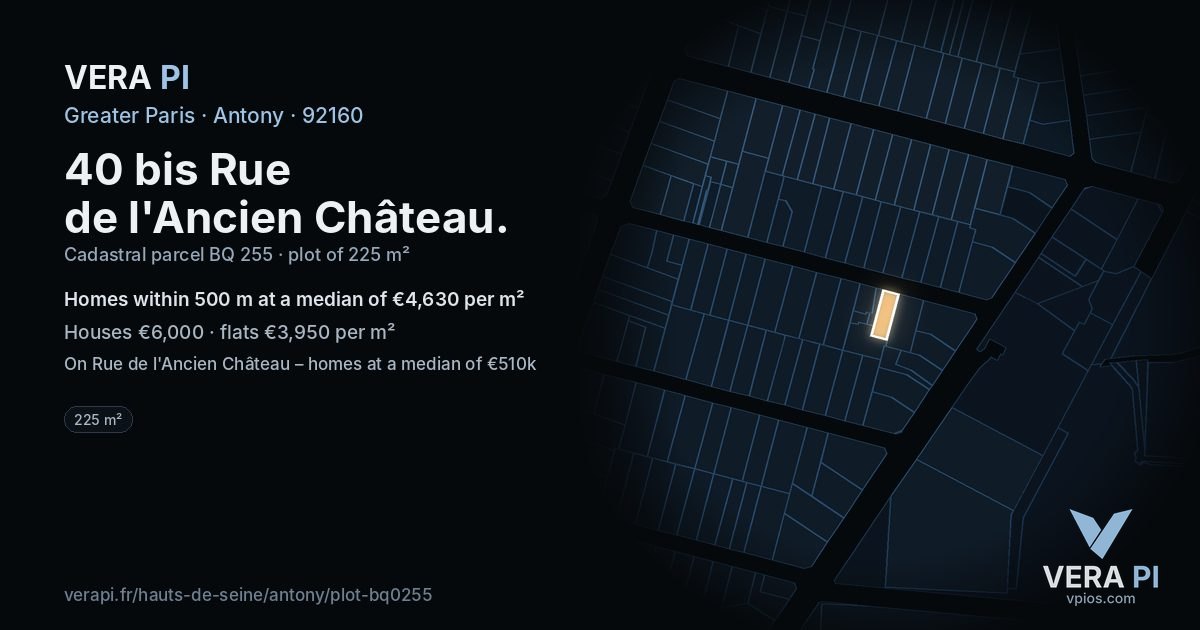 40 bis Rue de l'Ancien Château, Antony at night – the plot lit, the parcels around coloured by the prices near them