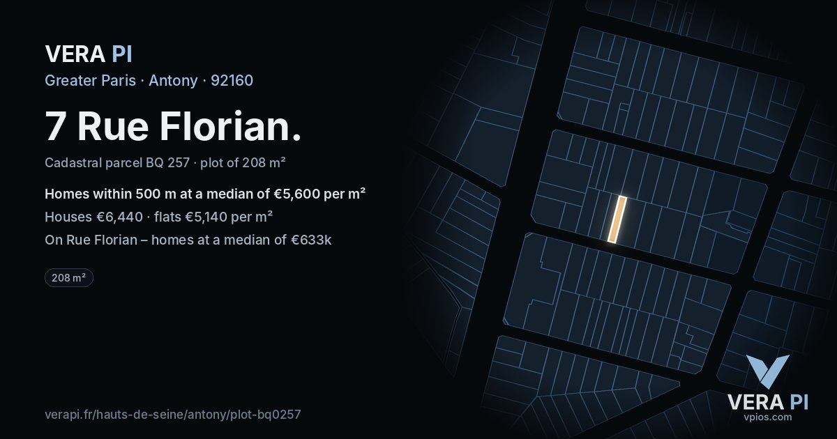 7 Rue Florian, Antony at night – the plot lit, the parcels around coloured by the prices near them