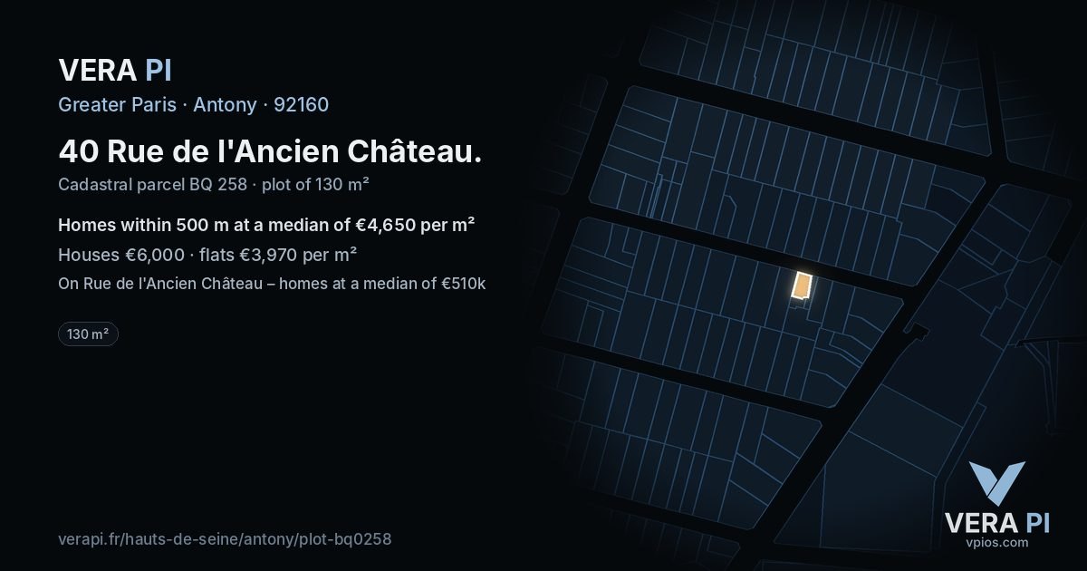 40 Rue de l'Ancien Château, Antony at night – the plot lit, the parcels around coloured by the prices near them