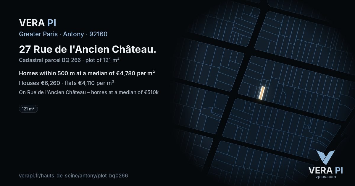 27 Rue de l'Ancien Château, Antony at night – the plot lit, the parcels around coloured by the prices near them