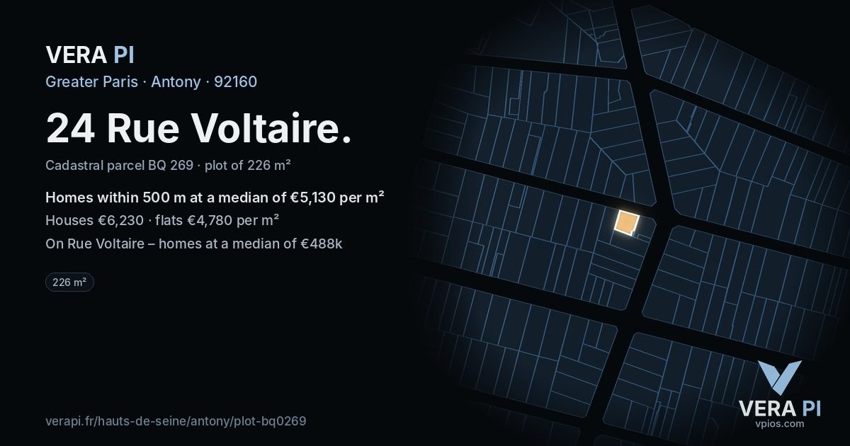 24 Rue Voltaire, Antony at night – the plot lit, the parcels around coloured by the prices near them
