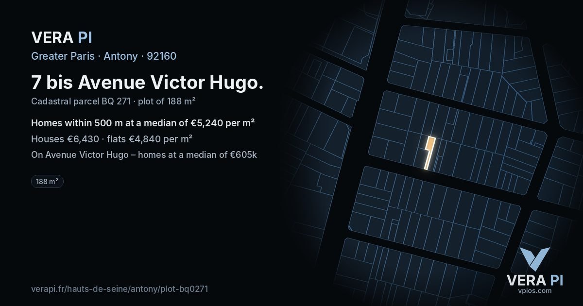 7 bis Avenue Victor Hugo, Antony at night – the plot lit, the parcels around coloured by the prices near them