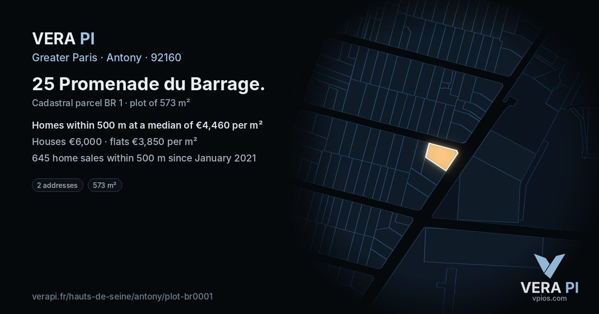 25 Promenade du Barrage, Antony at night – the plot lit, the parcels around coloured by the prices near them