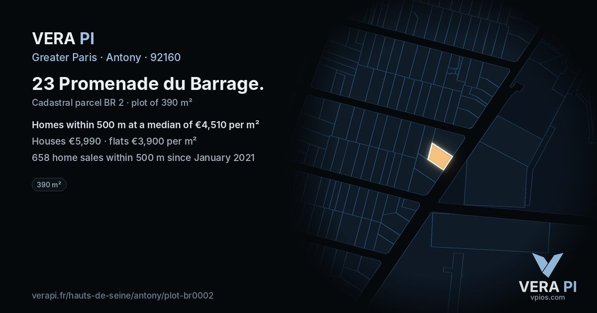 23 Promenade du Barrage, Antony at night – the plot lit, the parcels around coloured by the prices near them