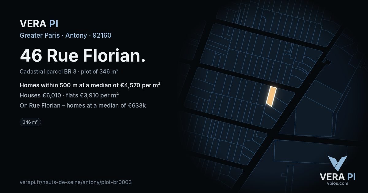 46 Rue Florian, Antony at night – the plot lit, the parcels around coloured by the prices near them