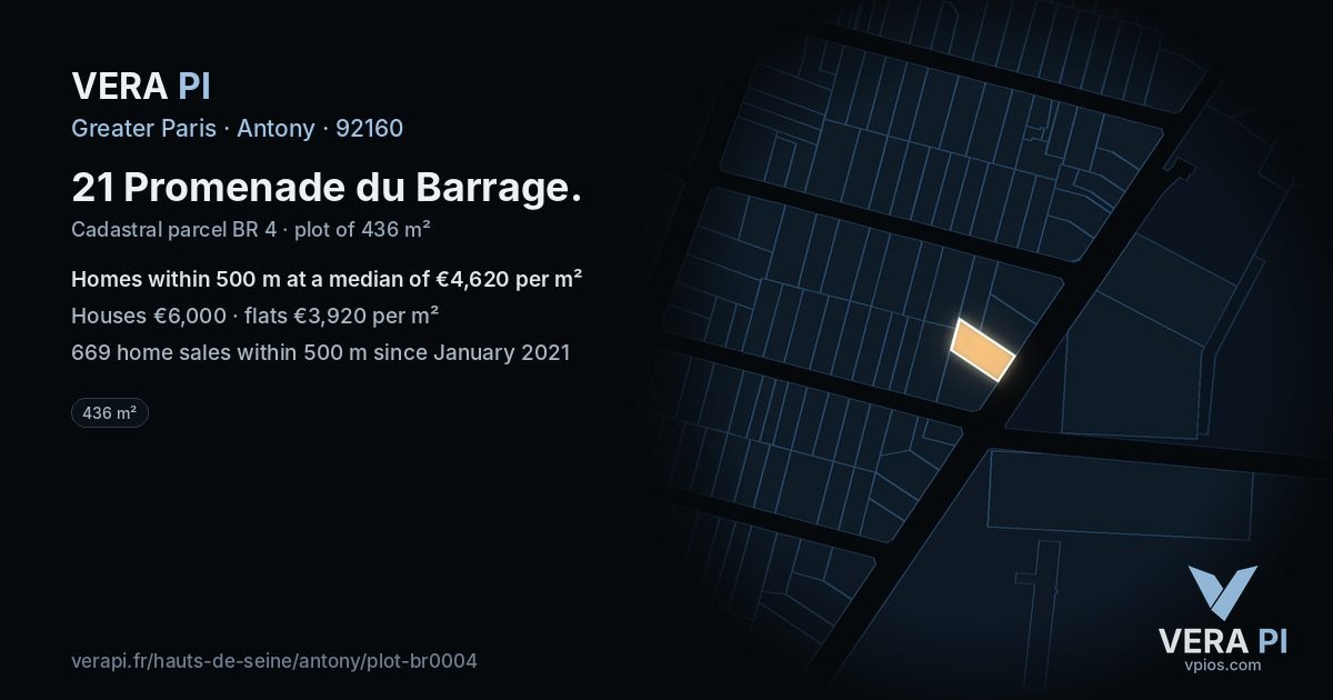 21 Promenade du Barrage, Antony at night – the plot lit, the parcels around coloured by the prices near them
