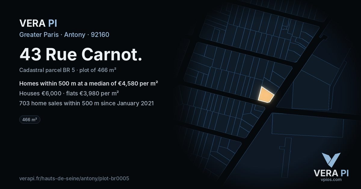 43 Rue Carnot, Antony at night – the plot lit, the parcels around coloured by the prices near them
