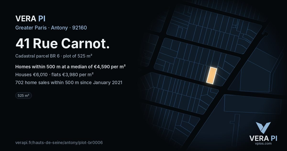 41 Rue Carnot, Antony at night – the plot lit, the parcels around coloured by the prices near them