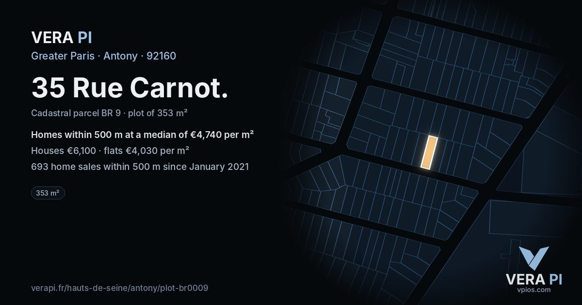 35 Rue Carnot, Antony at night – the plot lit, the parcels around coloured by the prices near them