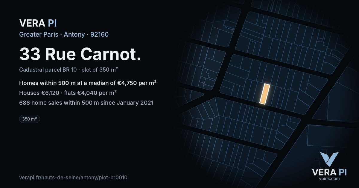 33 Rue Carnot, Antony at night – the plot lit, the parcels around coloured by the prices near them