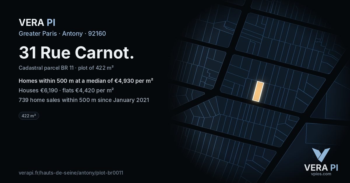 31 Rue Carnot, Antony at night – the plot lit, the parcels around coloured by the prices near them