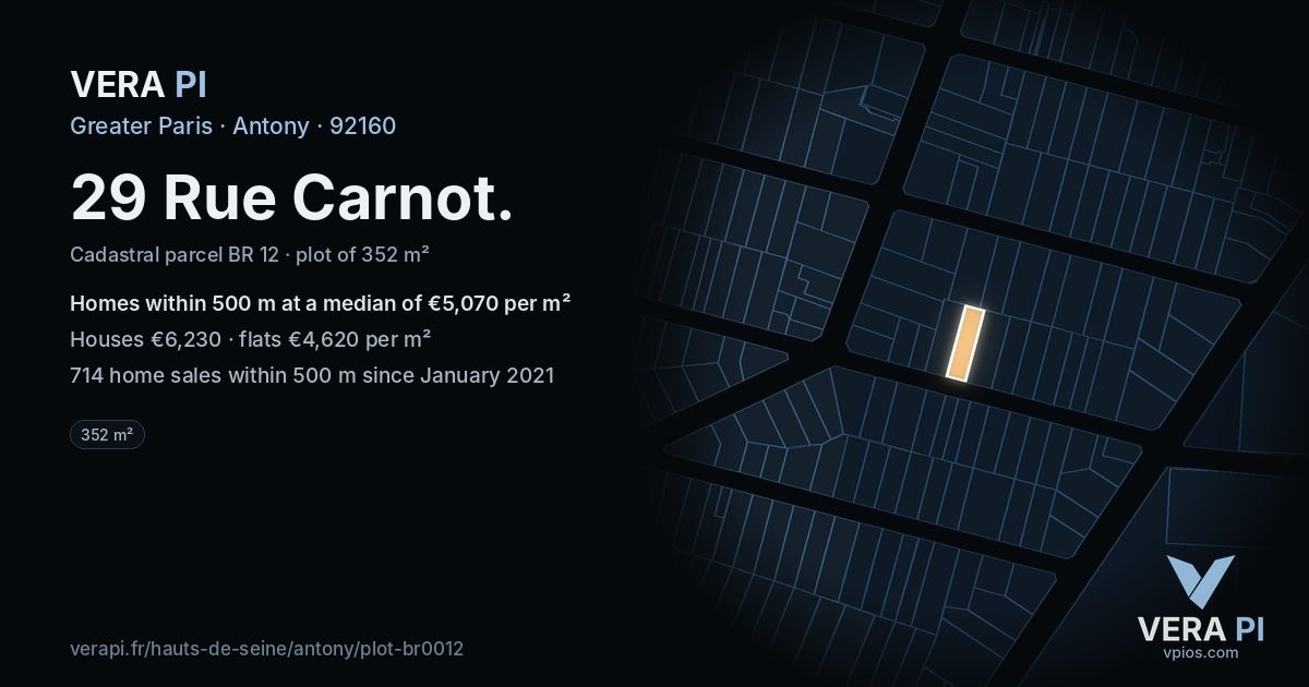 29 Rue Carnot, Antony at night – the plot lit, the parcels around coloured by the prices near them
