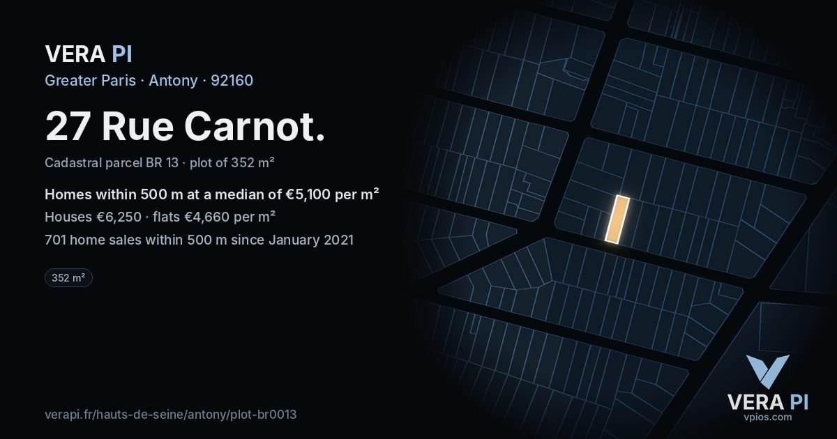 27 Rue Carnot, Antony at night – the plot lit, the parcels around coloured by the prices near them