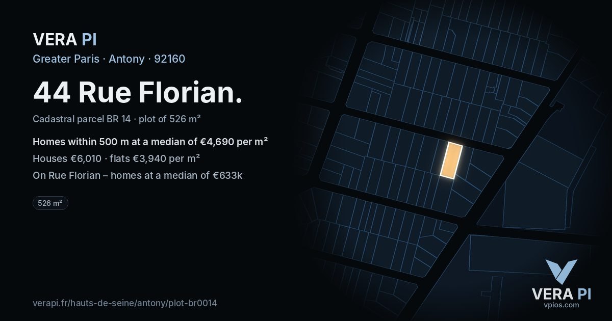 44 Rue Florian, Antony at night – the plot lit, the parcels around coloured by the prices near them