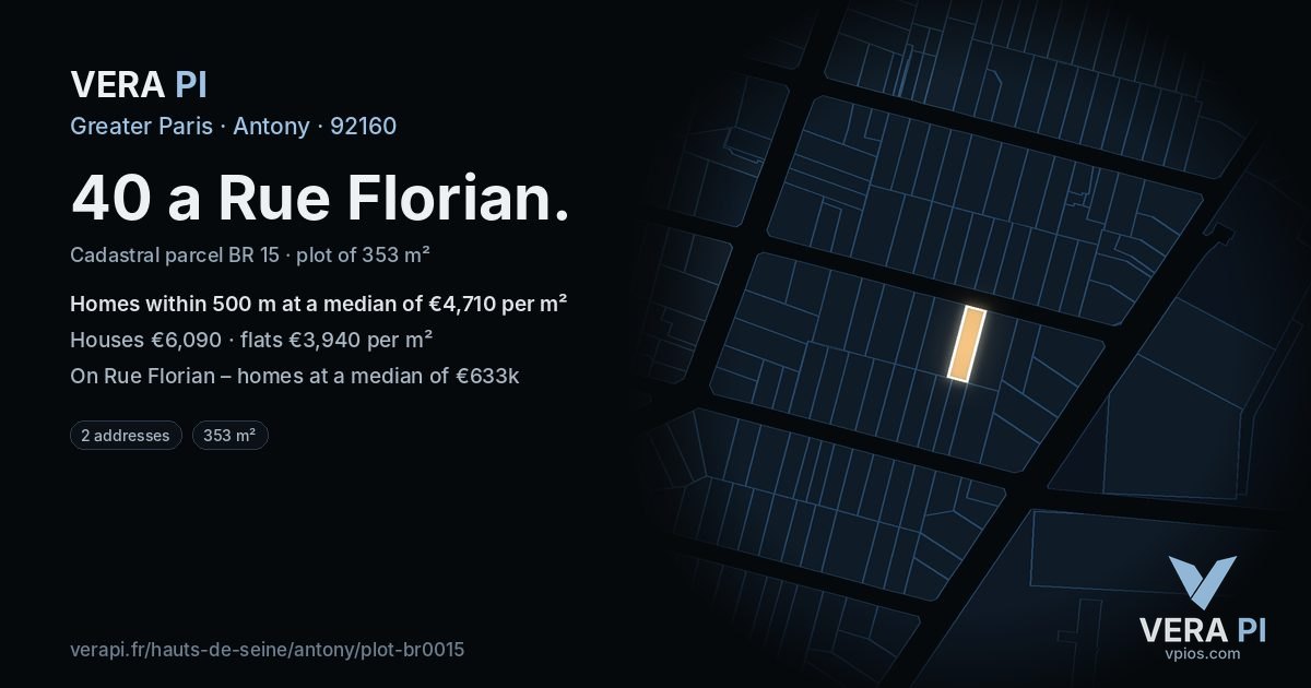 40 a Rue Florian, Antony at night – the plot lit, the parcels around coloured by the prices near them