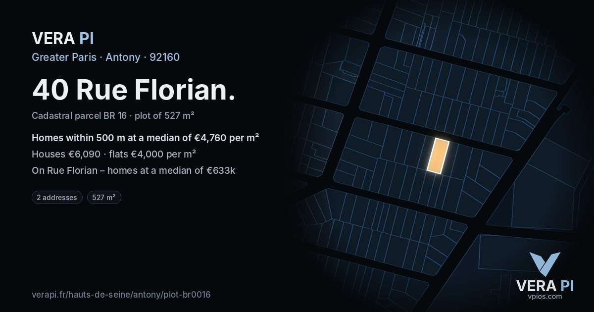 40 Rue Florian, Antony at night – the plot lit, the parcels around coloured by the prices near them