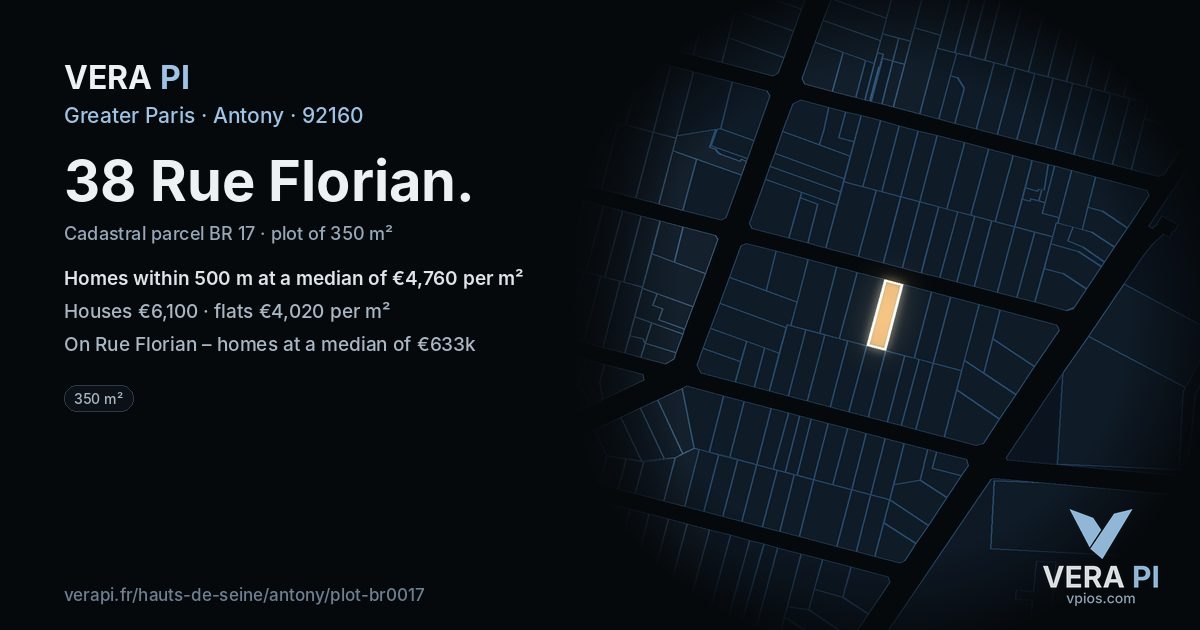 38 Rue Florian, Antony at night – the plot lit, the parcels around coloured by the prices near them