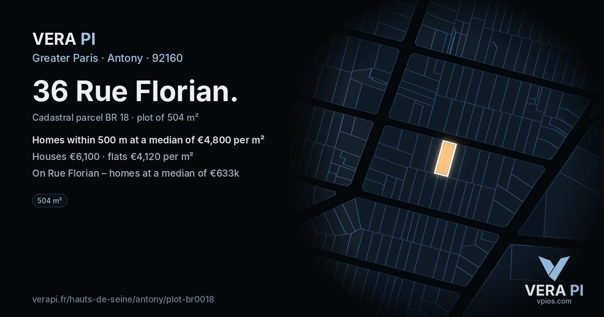 36 Rue Florian, Antony at night – the plot lit, the parcels around coloured by the prices near them