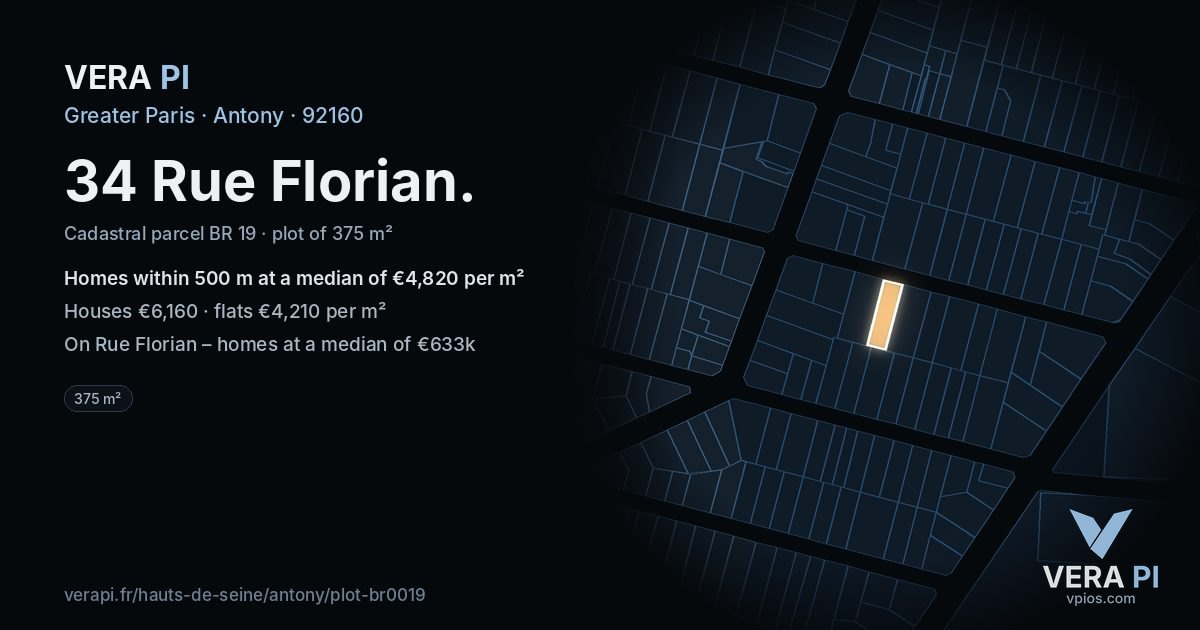 34 Rue Florian, Antony at night – the plot lit, the parcels around coloured by the prices near them