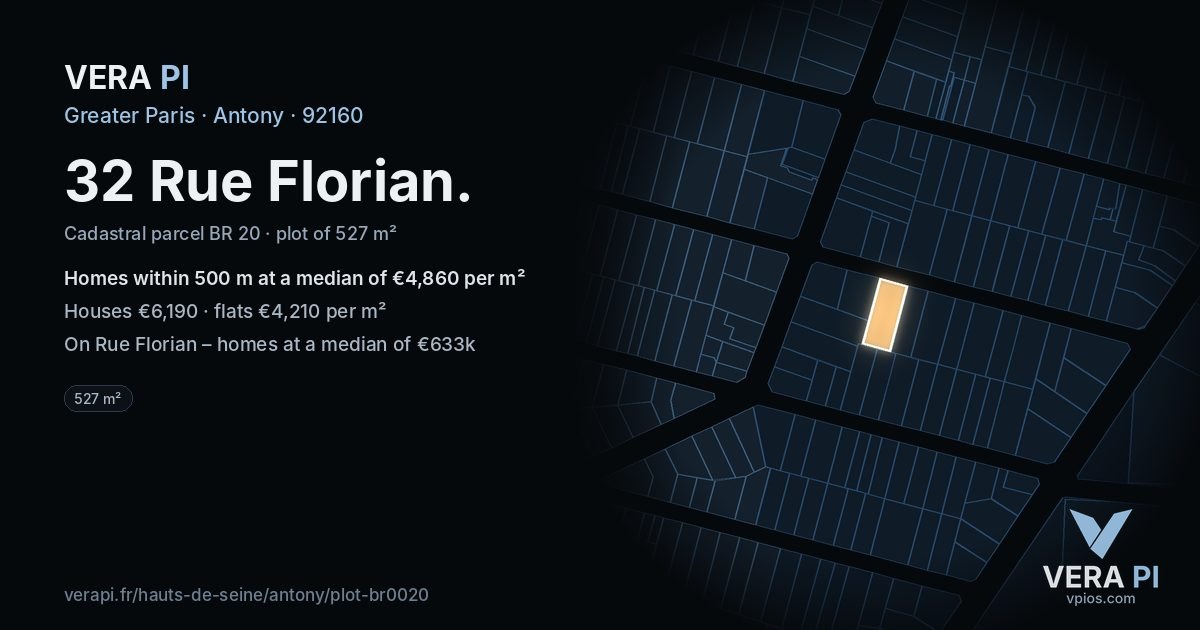 32 Rue Florian, Antony at night – the plot lit, the parcels around coloured by the prices near them
