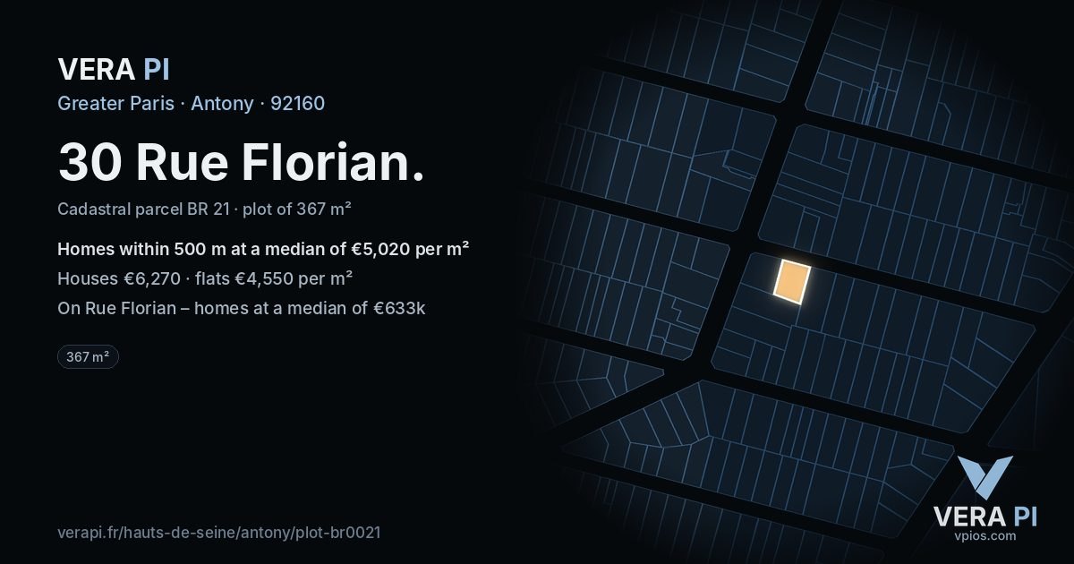 30 Rue Florian, Antony at night – the plot lit, the parcels around coloured by the prices near them
