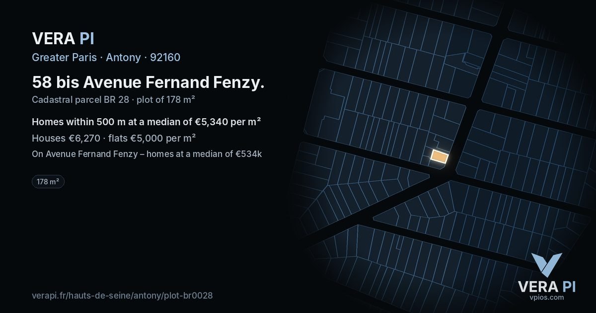 58 bis Avenue Fernand Fenzy, Antony at night – the plot lit, the parcels around coloured by the prices near them