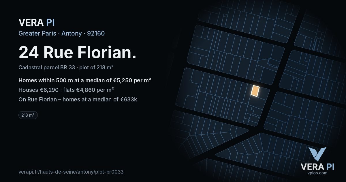 24 Rue Florian, Antony at night – the plot lit, the parcels around coloured by the prices near them
