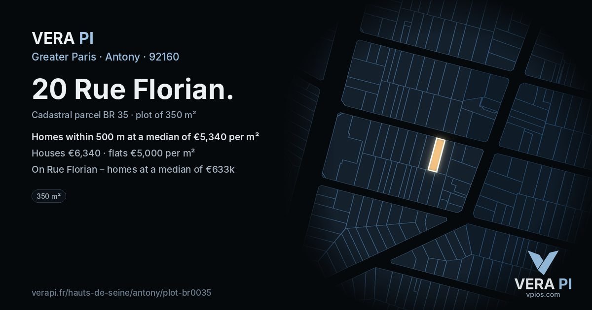 20 Rue Florian, Antony at night – the plot lit, the parcels around coloured by the prices near them