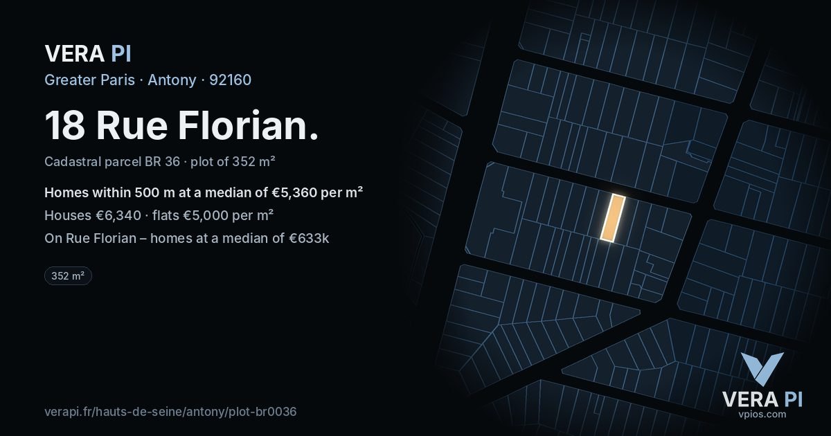 18 Rue Florian, Antony at night – the plot lit, the parcels around coloured by the prices near them